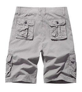 Detailed back view of grey cotton cargo shorts with button-flap pockets and stitch detail