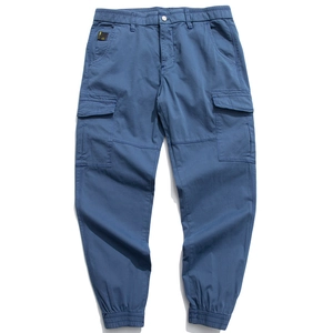 Men Loose Cargo Pants Cotton Twill Multi-Pockets Jogger Style Elastic Cuffs Casual Utility Trousers Solid Color Outdoor Fashion