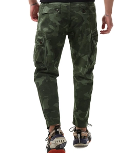 Detail view of mens camouflage cargo pants with rear buttoned flap pockets and side pockets
