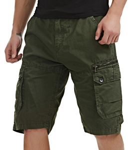 Detailed close-up of army green cargo shorts featuring multi-pocket design and zip accents