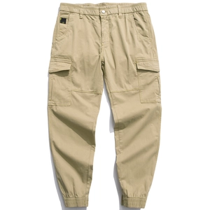 Men's khaki multi-pocket jogger cargo pants with elastic waist and tapered cuffs