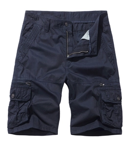 Men's navy blue cargo shorts with multi-pocket design and durable twill fabric texture