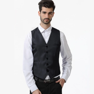 Detail view of black single-breasted vest featuring five buttons and smooth satin texture