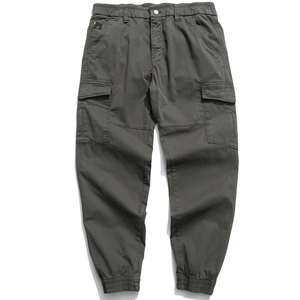 Men's dark gray cargo joggers with elastic waistband and multi-pocket design on white background