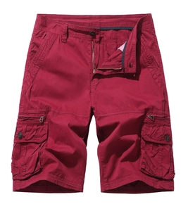 Detail view of burgundy cargo shorts with multi-pockets and functional zipper details
