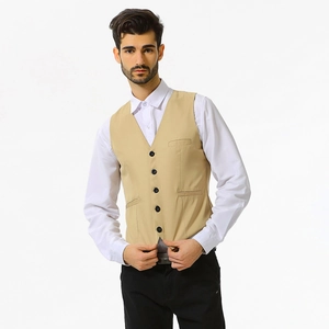 Men's slim fit business suit vest in khaki with five buttons and three front pockets