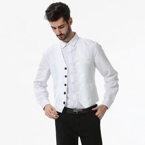 Detail showing the white business vest with contrast black buttons and matching shirt