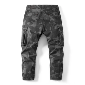 Rear view of camouflage cargo pants showing flap pockets and durable cotton twill fabric