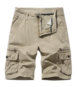 Men's khaki cargo shorts featuring multiple flap pockets and durable cotton fabric