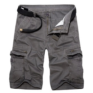 Dark grey men's cargo shorts with black woven belt and multi-pocket design details