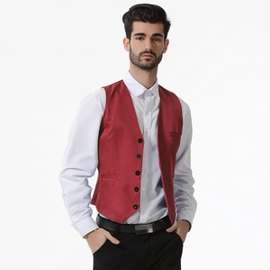 Detail of burgundy satin vest with five black buttons and professional tailored pockets