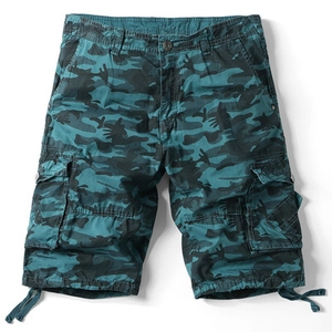 Detail view of large cargo pockets and drawstring hem on these camouflage shorts