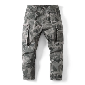 Men's camouflage cargo pants with multiple pockets and decorative metal zipper details