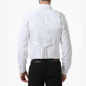 Detailed back view of white men's suit vest with adjustable buckle strap and classic trousers