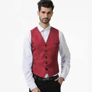 Classic red V-neck suit vest for men with five buttons and slim fit professional style