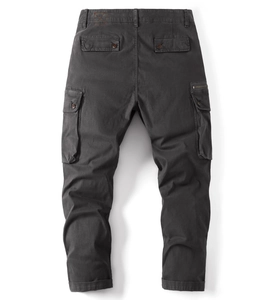 Men's dark gray cargo pants with multi-pockets and drawstring cuffs in a loose fit