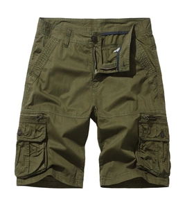 Army green men's multi-pocket cargo shorts in durable cotton twill fabric for summer