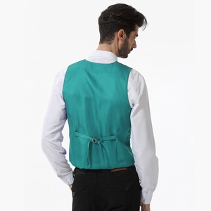 Rear view of teal men's suit vest featuring an adjustable back buckle and satin finish