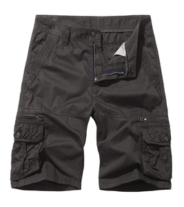 Detail view of charcoal grey cargo shorts showing multi-pocket structure and canvas texture