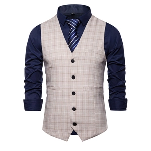 Herrenweste in Beige kariert mit dunkelblauem Hemd und gestreifter Krawatte für Business-Look