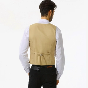 Detailed back view of men's khaki suit vest featuring adjustable cinch belt design