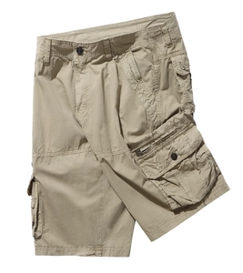 Detail showing khaki cotton cargo shorts with side flap pockets and sturdy belt loops