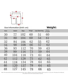 Detailed size chart for men's plus size shorts showing measurements from size 30 to 48
