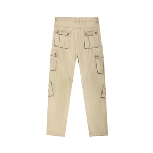 Back view of khaki multi-pocket cargo pants in durable cotton twill fabric