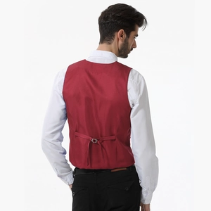 Detailed back view of a dark red men suit vest with adjustable buckle for professional fit