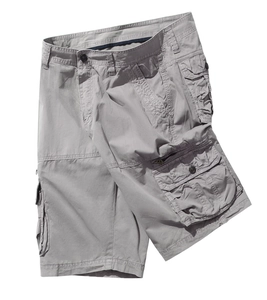 Detailed view of grey cargo shorts with functional side 3D pockets and durable cotton fabric