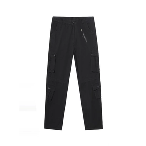 Detailed view of black multi-pocket cargo pants featuring durable twill and side zippers