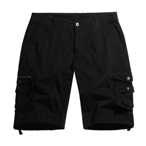 Men's black cargo shorts with multi-pockets, durable cotton twill and drawstring hem