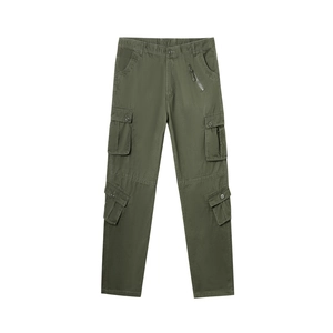 Detailed view of cargo pants with multi-pockets in olive green cotton twill fabric