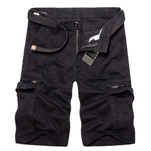 Men's black cargo shorts with multi-pockets and matching canvas belt in loose fit style