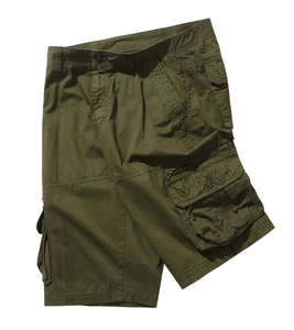 Detailed top view of olive green cargo shorts featuring multiple large side utility pockets