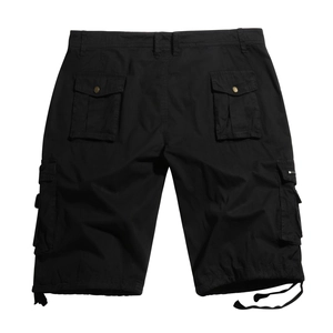Men's loose cargo shorts in black with back pockets and adjustable drawstring leg hem