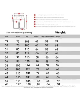 Detailed size chart for men's plus size multi-pocket cargo shorts from size 29 to 48