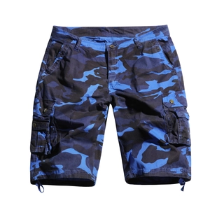 Detail view of blue camouflage cargo shorts with large flap pockets and drawstring hem