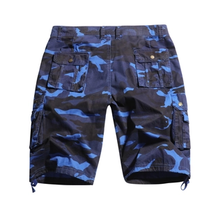Men's blue camouflage cargo shorts with multi-pockets and adjustable drawstring hems