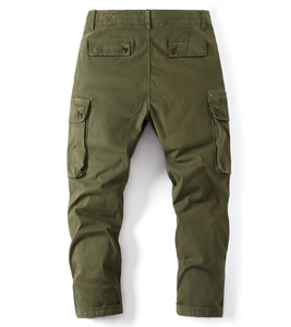 Men's olive green cargo pants featuring multiple utility pockets and heavy cotton fabric