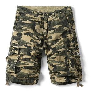 Men's jungle camouflage cargo shorts with multiple utility pockets and drawstring hem