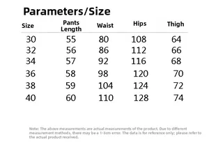 Detailed size chart for men cargo shorts showing waist and length measurements
