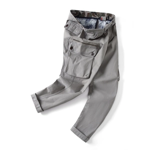 Men's relaxed fit cargo pants in grey cotton with multi-pocket design and tapered cuffs