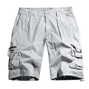 Light gray men's cargo shorts with functional multi-pockets and secure zipper design