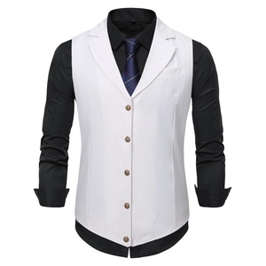 Men's V-neck dress vest with black shirt and patterned tie for formal business wear
