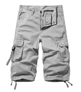 Detail of light grey cargo shorts featuring side flap pockets and adjustable buckle straps