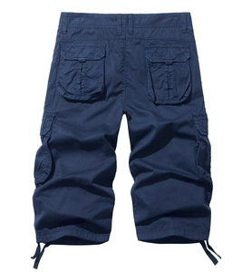 Detail view of cargo shorts showing deep blue fabric texture and back flap pockets