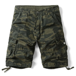 Detailed view of cargo camo shorts with side flap pockets and adjustable hem drawstrings
