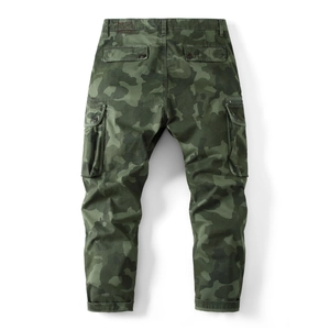 Men's olive camo cargo pants with multi-pockets and tapered cuffs in a relaxed fit