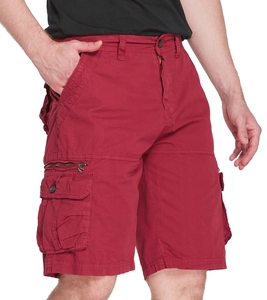 Men's loose fit cargo shorts in deep red with multi-pocket design and durable fabric
